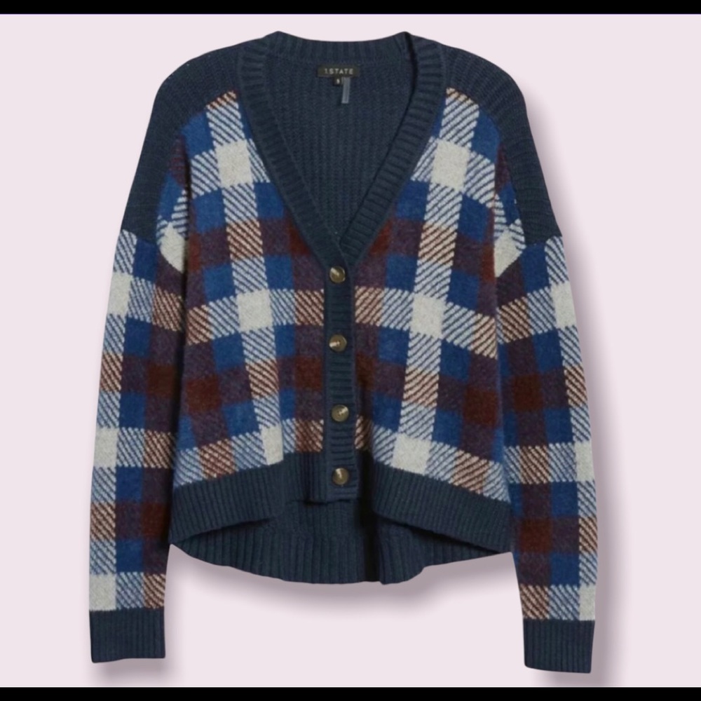 Cozy Sweater Blue Gray Plaid Cardigan 💙